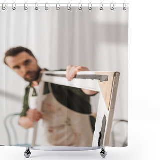Personality  Blurred Carpenter Holding Wooden Picture Frame In Workshop  Shower Curtains