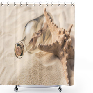 Personality  Bottle With Letter And Starfish On Sandy Beach Shower Curtains