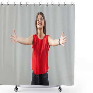 Personality  Give Me Hug! Portrait Of Happy Beautiful Brunette Young Woman In Shower Curtains