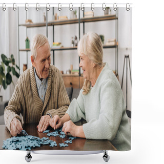 Personality  Happy Senior Couple Playing With Puzzles At Home Shower Curtains