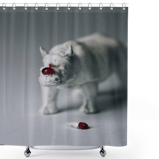 Personality  Horn With Blood And Toy Rhinoceros On Grey Background, Hunting For Horn Concept Shower Curtains