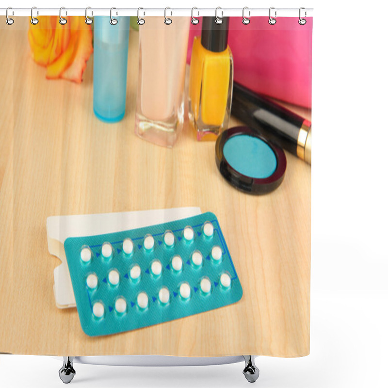 Personality  Hormonal Pills In Women's Bedside Table Close-up Shower Curtains