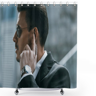 Personality  Handsome Security Guard Standing And Listening Message With Security Earpiece  Shower Curtains