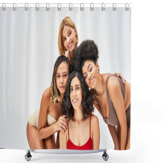 Personality  Positive Multiethnic Group Of Women In Colorful And Stylish Lingerie Hugging And Posing Together Isolated On Grey, Different Body Types And Self-acceptance Concept, Multicultural Models Shower Curtains