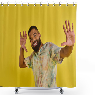 Personality  A Man Ecstatically Raises His Hands Above His Head, As If Reaching Out To The Heavens In A Moment Of Complete Freedom And Surrender. Shower Curtains
