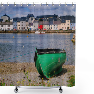 Personality  A Green Boat At Shore With Galway's Skyline In The Background Shower Curtains