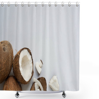 Personality  Top View Of Fresh Tasty Cracked Coconuts With Flakes And Shell On White Background Shower Curtains