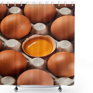 Personality  Selective Focus Of Broken Eggshell With Yellow Yolk Near Eggs In Carton Box Shower Curtains