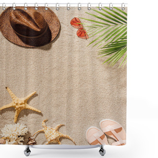Personality  Top View Of Stylish Straw Hat With Sunglasses And Sandals On Sandy Beach Shower Curtains