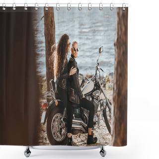 Personality  Young Couple Of Bikers In Black Leather Jackets Sitting On Chopper Motorcycle On Seashore Shower Curtains