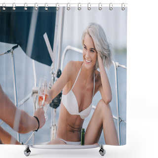 Personality  Cropped Image Of Man And Smiling Girlfriend In Swimwear Clinking By Champagne Glasses On Yacht  Shower Curtains