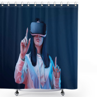 Personality  Selective Focus Of Young Brunette Woman Wearing Virtual Reality Headset And Pointing With Fingers On Blue  Shower Curtains