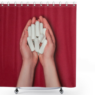 Personality  Partial View Of Woman Holding Tampons In Hands Isolated On Red Shower Curtains