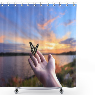 Personality  Flying Butterfly And Human Hands On Abstract Sunny Natural Background. Freedom, Save Wild Nature, Ecology Concept. Encounter Man And Nature. Harmony, Peaceful Atmosphere Landscape. Copy Space. Shower Curtains
