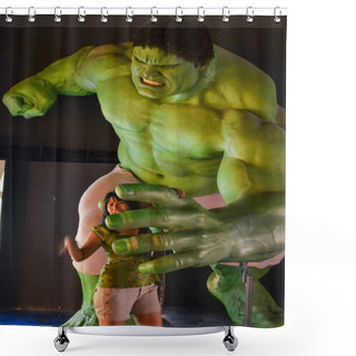 Personality  NEW YORK, CIRCA 2011 - Huge Hulk Wax Figure Catches A Girl In Madame Tussaud's Museum In New York Shower Curtains