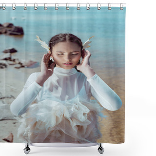 Personality  Elegant Woman In White Swan Costume Closing Eyes, Holding Hands Near Face Shower Curtains