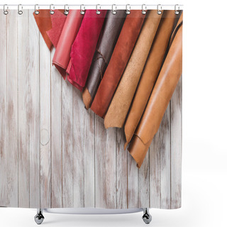 Personality  Multicolored Leather In Rolls On Wooden Background. Shower Curtains