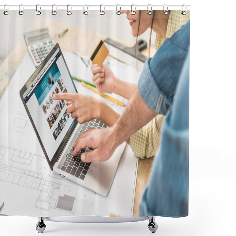 Personality  cropped shot of young couple with credit card using laptop with amazon website shower curtains