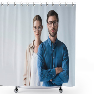 Personality  Serious Man And Woman In Stylish Clothing And Eyeglasses Isolated On White Shower Curtains