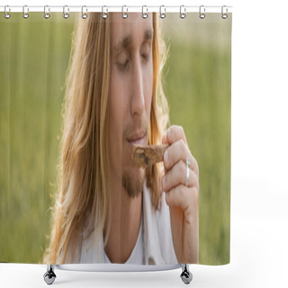 Personality  Young Man With Long Hair And Closed Eyes Smelling Fragrant Palo Santo Stick Outdoors, Banner Shower Curtains