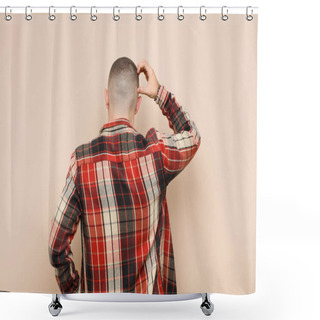Personality  Young Handsome Man Feeling Clueless And Confused, Thinking A Solution, With Hand On Hip And Other On Head, Rear View Against Flat Wall Shower Curtains