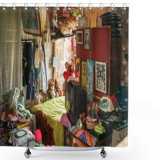Personality  Itagui, Antioquia / Colombia - March 15 2019: Room Full Of Things Without Spaces, Decorated With Pictures, With The Bed, Armchair, Kitchen, Iron Many Suitcases And Clothes Everywhere Shower Curtains