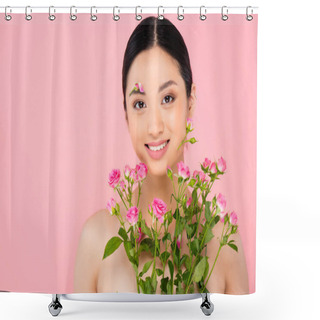 Personality  Brunette Asian Woman With Floral Decoration On Face Holding Tiny Roses Isolated On Pink Shower Curtains
