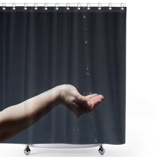 Personality  Cropped View Of Woman With Water Drops On Dark Shower Curtains