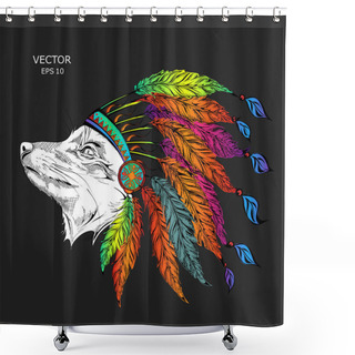 Personality  Wolf In The Colored Indian Roach. Indian Feather Headdress Of Eagle Shower Curtains