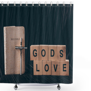 Personality  Wooden Cubes With Words Gods Love And Bible On Black Table Shower Curtains