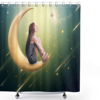 Personality  Lonely Thoughtful Woman Sitting On The Crescent Moon Shower Curtains
