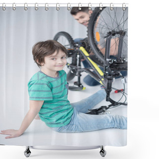 Personality  Father And Son With Bicycle Shower Curtains