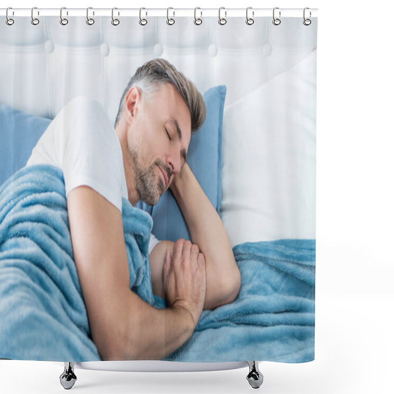 Personality  Grizzled Man Sleeping In Bed. Early Morning Shower Curtains