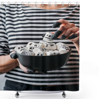 Personality  Cropped Shot Of Woman Holding Bowl Of Marshmallows With Skull Faces, Halloween Concept Shower Curtains