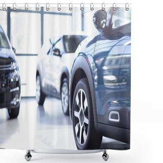 Personality  Low Angle Of Luxurious Car In A Exclusive Showroom With Vehicles Shower Curtains