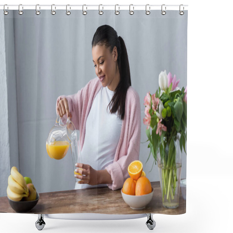 Personality  African American Pregnant Woman Pouring Juice At Kitchen With Fresh Fruits Shower Curtains