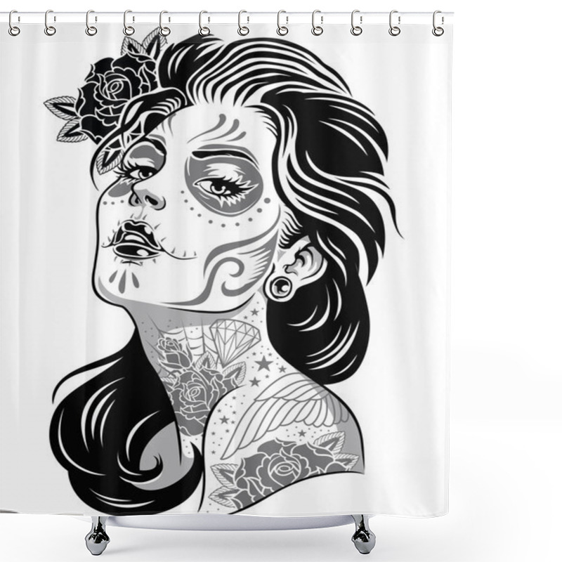 Personality  Day of dead girl black and white illustration shower curtains