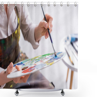 Personality  Cropped View Of Middle Aged Woman Holding Paintbrush And Palette With Colorful Paints  Shower Curtains