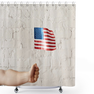 Personality  Cropped Shot Of Man Holding American Flagpole Against White Brick Wall  Shower Curtains