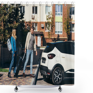 Personality  Couple Of Tourists With Backpack And Baggage Near Car On Street Shower Curtains