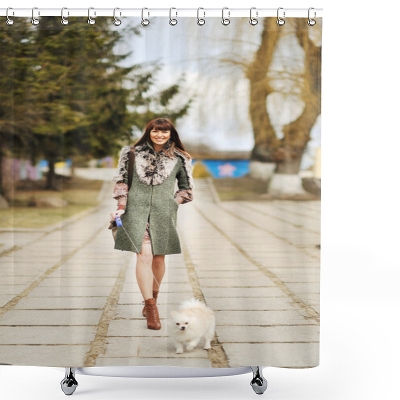 Personality  Full Length Portrait Of Happy Woman Walking With Her Little Dog Shower Curtains