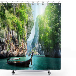 Personality  Long Boat And Rocks On Railay Beach In Krabi, Thailand Shower Curtains