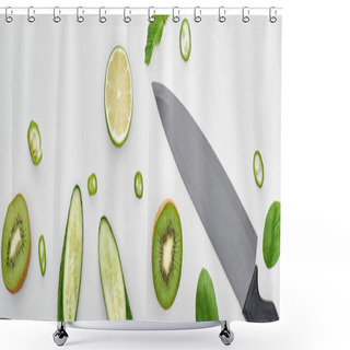 Personality   Top View Of Knife, Fresh Cucumbers, Kiwi, Lime, Peppers And Greenery  Shower Curtains