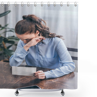 Personality  Upset Woman In Blue Blouse Sitting At Table With Photo, Smartphone And Crying At Home, Grieving Disorder Concept Shower Curtains