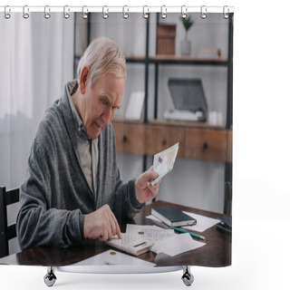 Personality  Senior Man In Casual Clothes Sitting At Table With Paperwork And Using Calculator While Counting Money  Shower Curtains