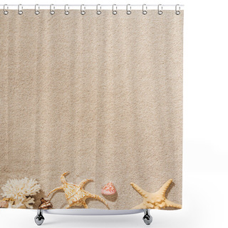 Personality  Top View Of Seashells, Coral And Starfish Lying On Sandy Beach Shower Curtains