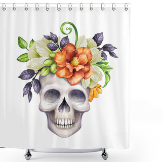 Personality  Watercolor Illustration, Floral Sugar Skull, Creepy Halloween Character, Holiday Clip Art Isolated On White Background Shower Curtains