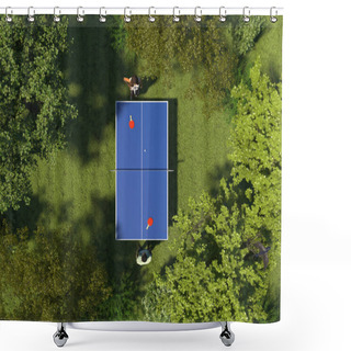 Personality  Single Table Tennis On The Green Meadow In The Forest Among The Trees. Two People Play Table Tennis On Grass On The Top View. Gambling In Nature. 3D Rendering. Aerial View. Shower Curtains