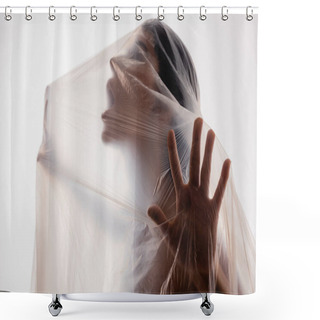 Personality  Scared Woman Screaming Through Polyethylene Isolated On White, Ecology Concept Shower Curtains