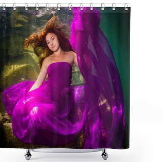 Personality  Young Graceful Woman In A Dress Posing Near The Stairs In The Lake Shower Curtains